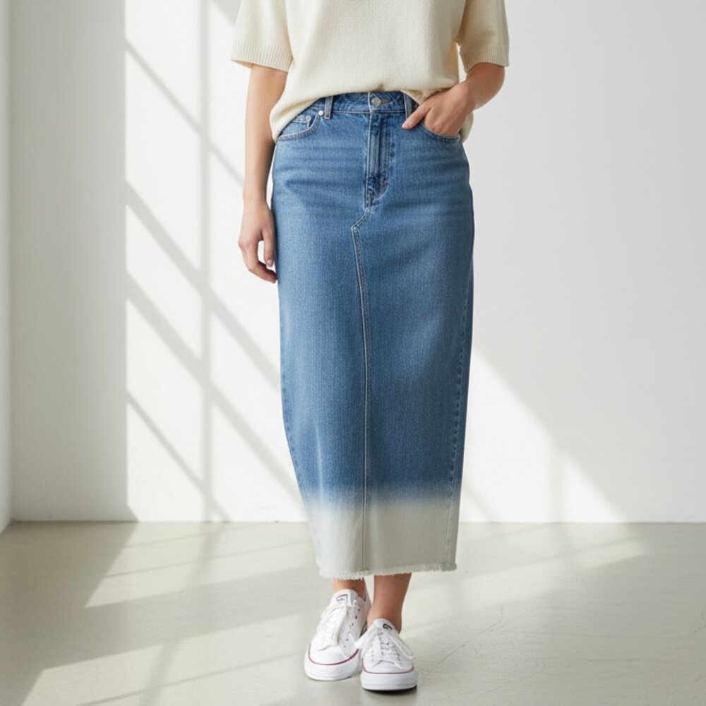 NWT Ena Pelly Darcie Dip Dye Denim Midi Skirt in Washed Blue